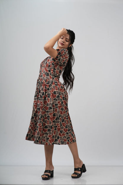 Maroon & Black Ajrakh Print Smocked A-line Midi Dress
