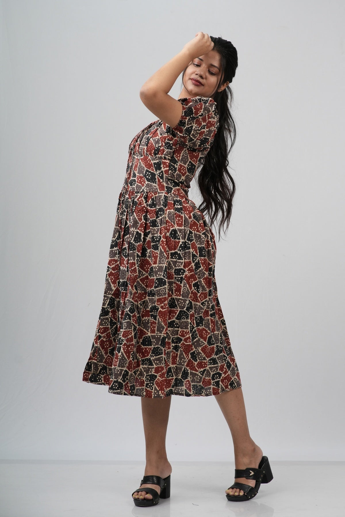 Maroon & Black Ajrakh Print Smocked A-line Midi Dress