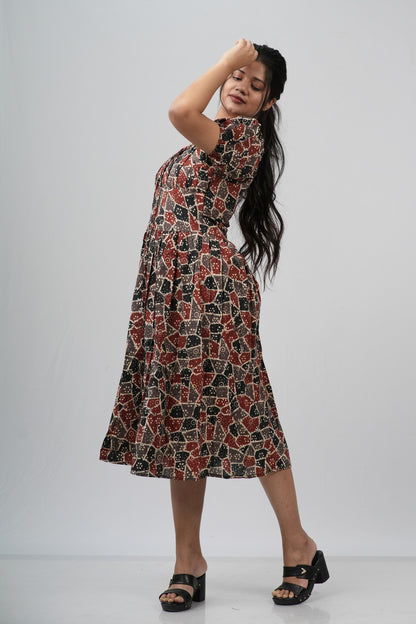 Maroon & Black Ajrakh Print Smocked A-line Midi Dress