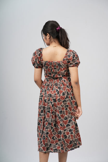 Maroon & Black Ajrakh Print Smocked A-line Midi Dress