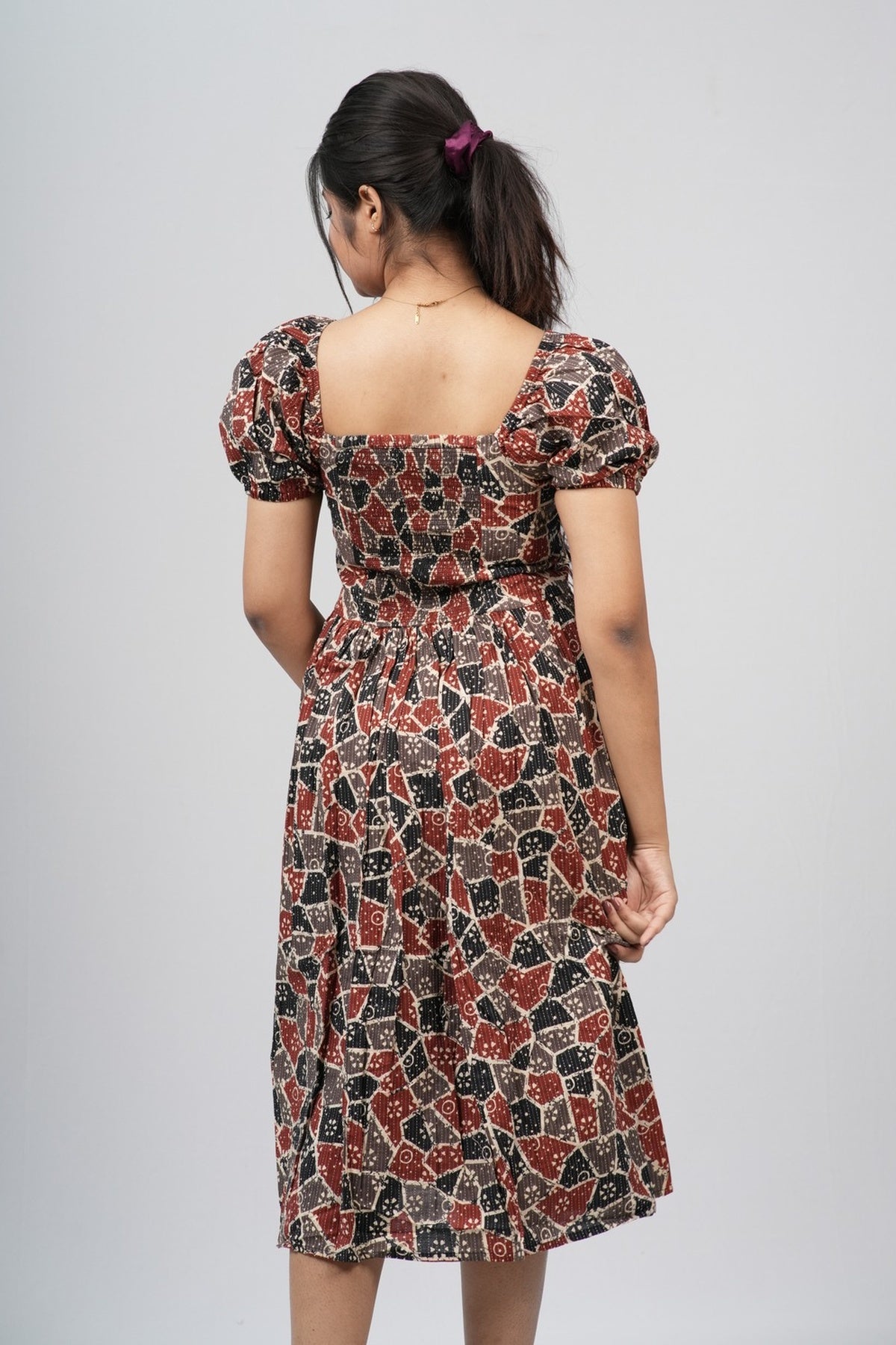 Maroon & Black Ajrakh Print Smocked A-line Midi Dress