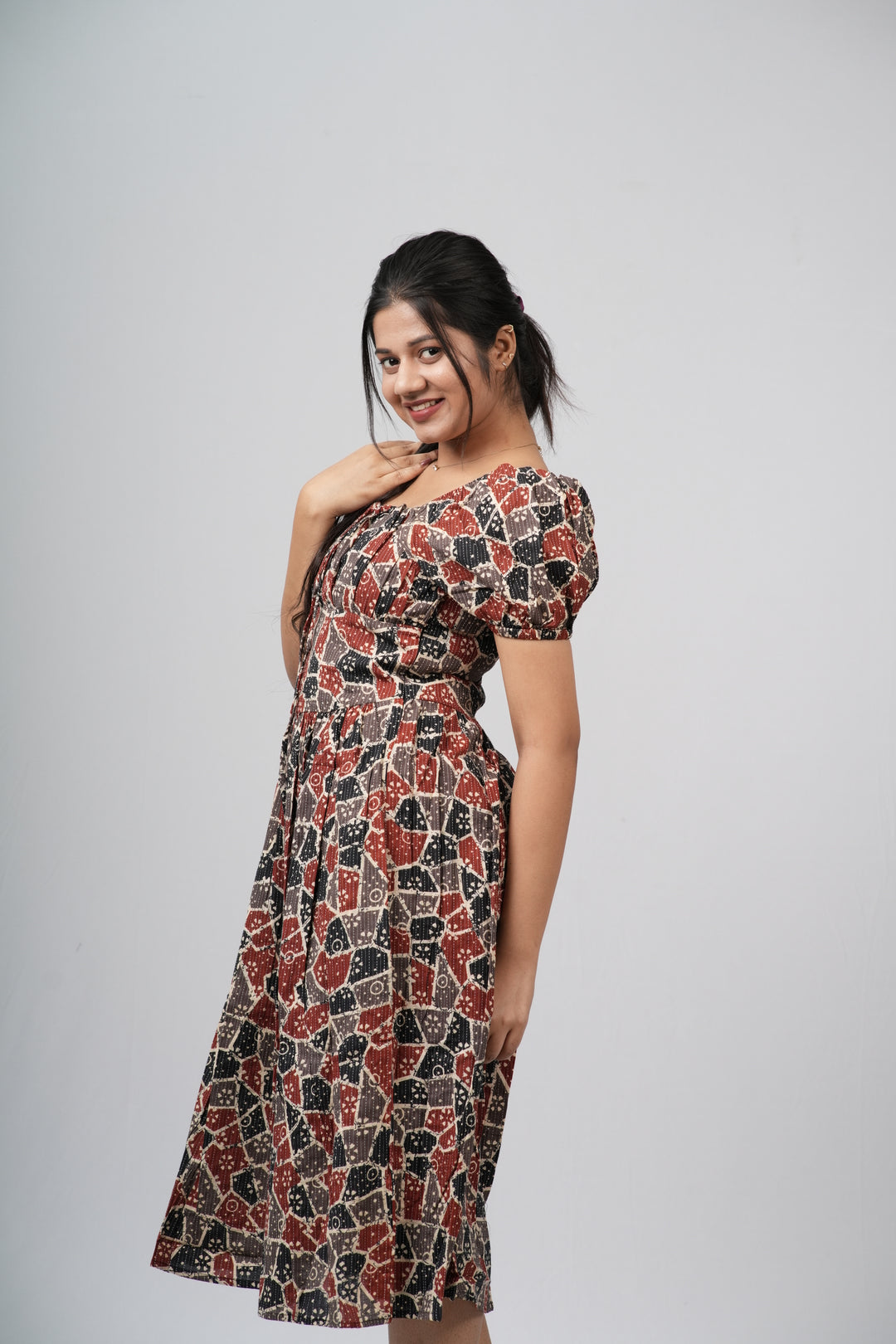 Maroon & Black Ajrakh Print Smocked A-line Midi Dress
