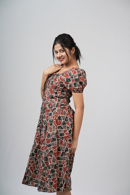 Maroon & Black Ajrakh Print Smocked A-line Midi Dress