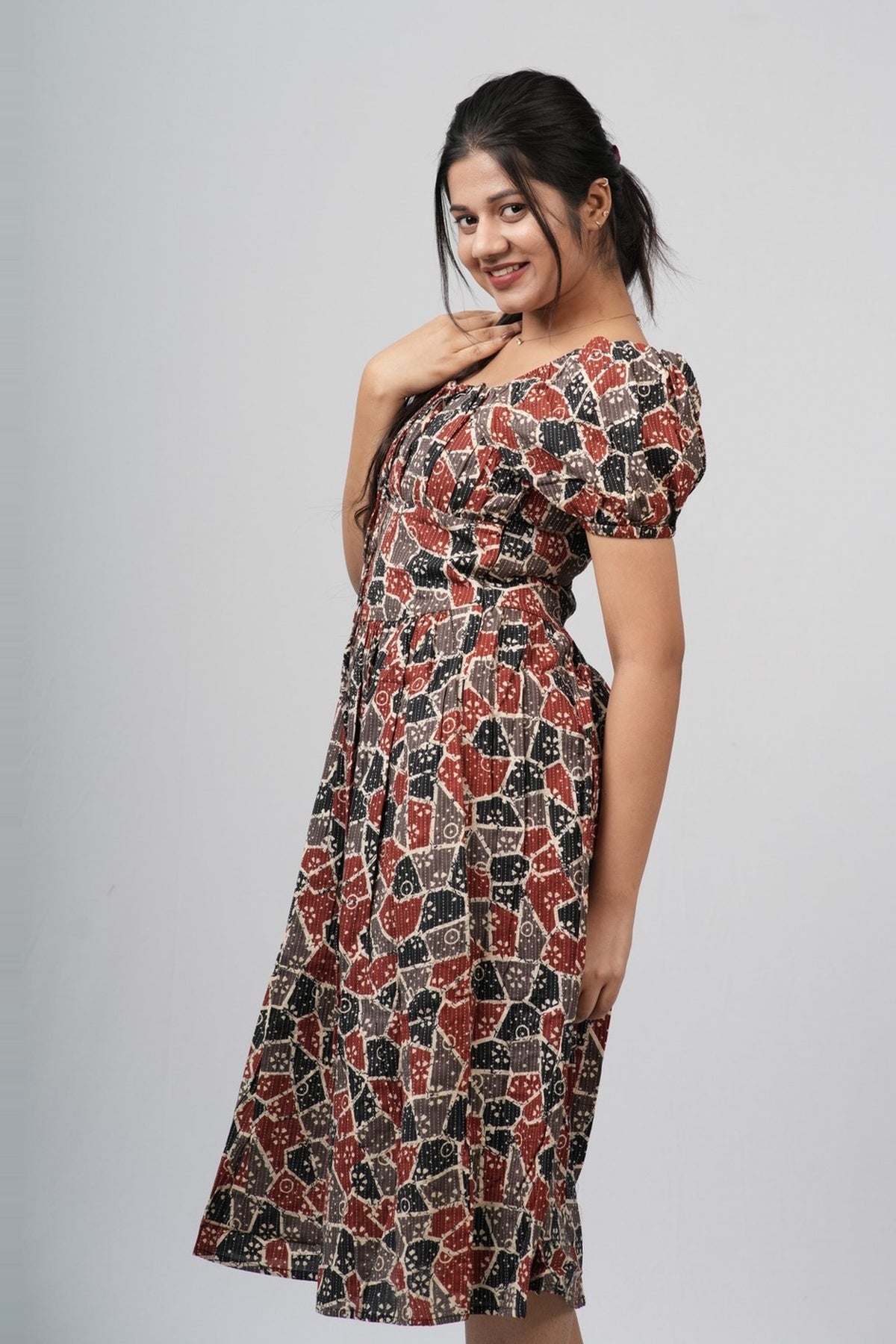 Maroon & Black Ajrakh Print Smocked A-line Midi Dress