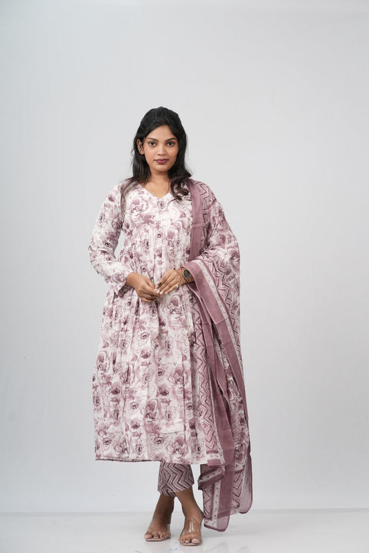Mauve Floral Cotton Alia Cut Suit Set