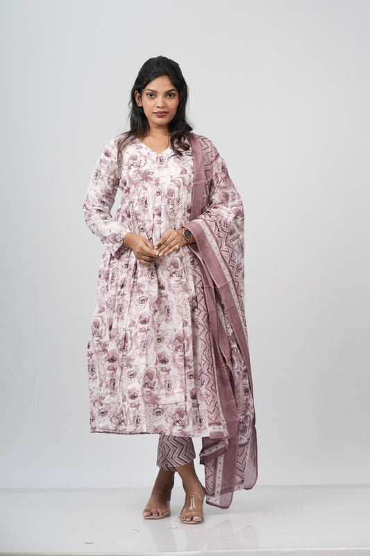 Mauve Floral Cotton Alia Cut Suit Set