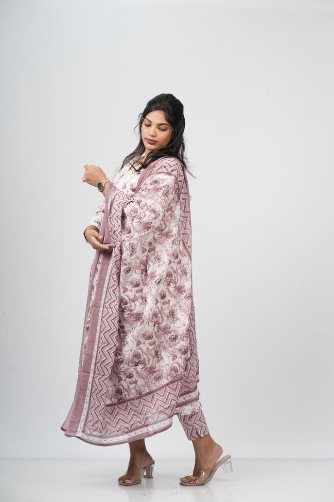 Mauve Floral Cotton Alia Cut Suit Set
