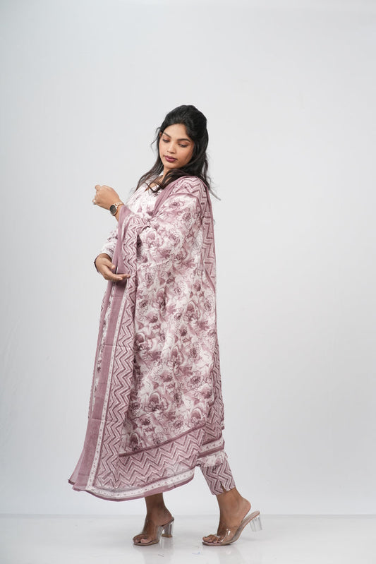 Mauve Floral Cotton Alia Cut Suit Set