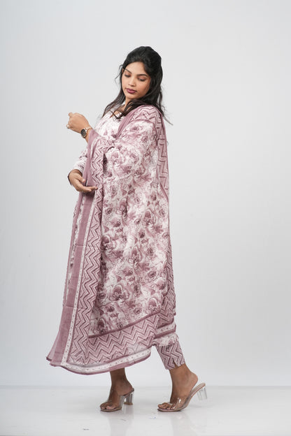 Mauve Floral Cotton Alia Cut Suit Set