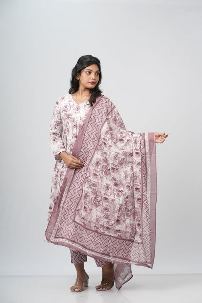 Mauve Floral Cotton Alia Cut Suit Set