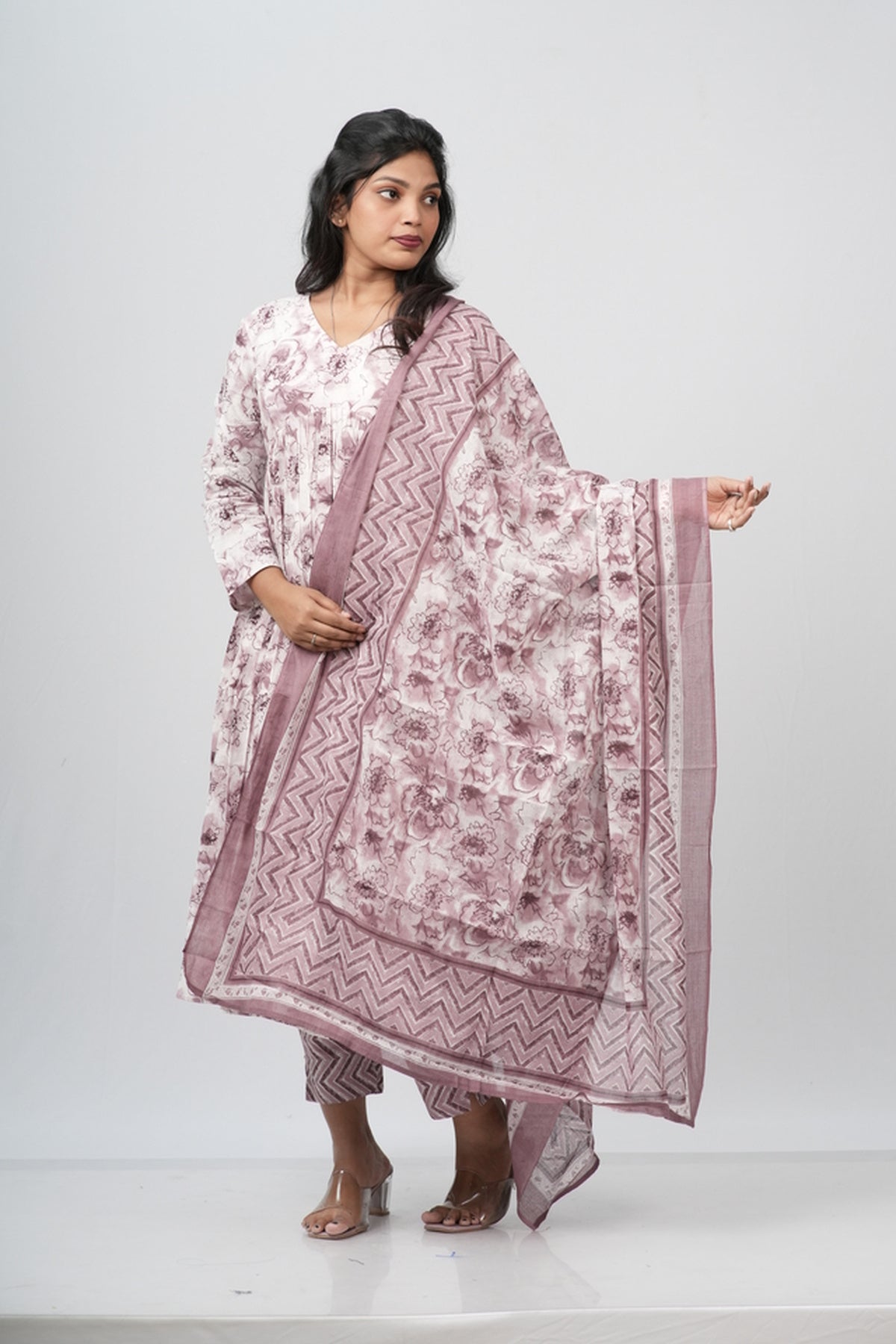 Mauve Floral Cotton Alia Cut Suit Set