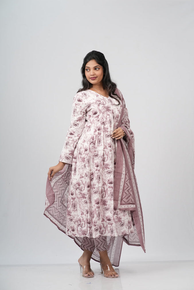 Mauve Floral Cotton Alia Cut Suit Set