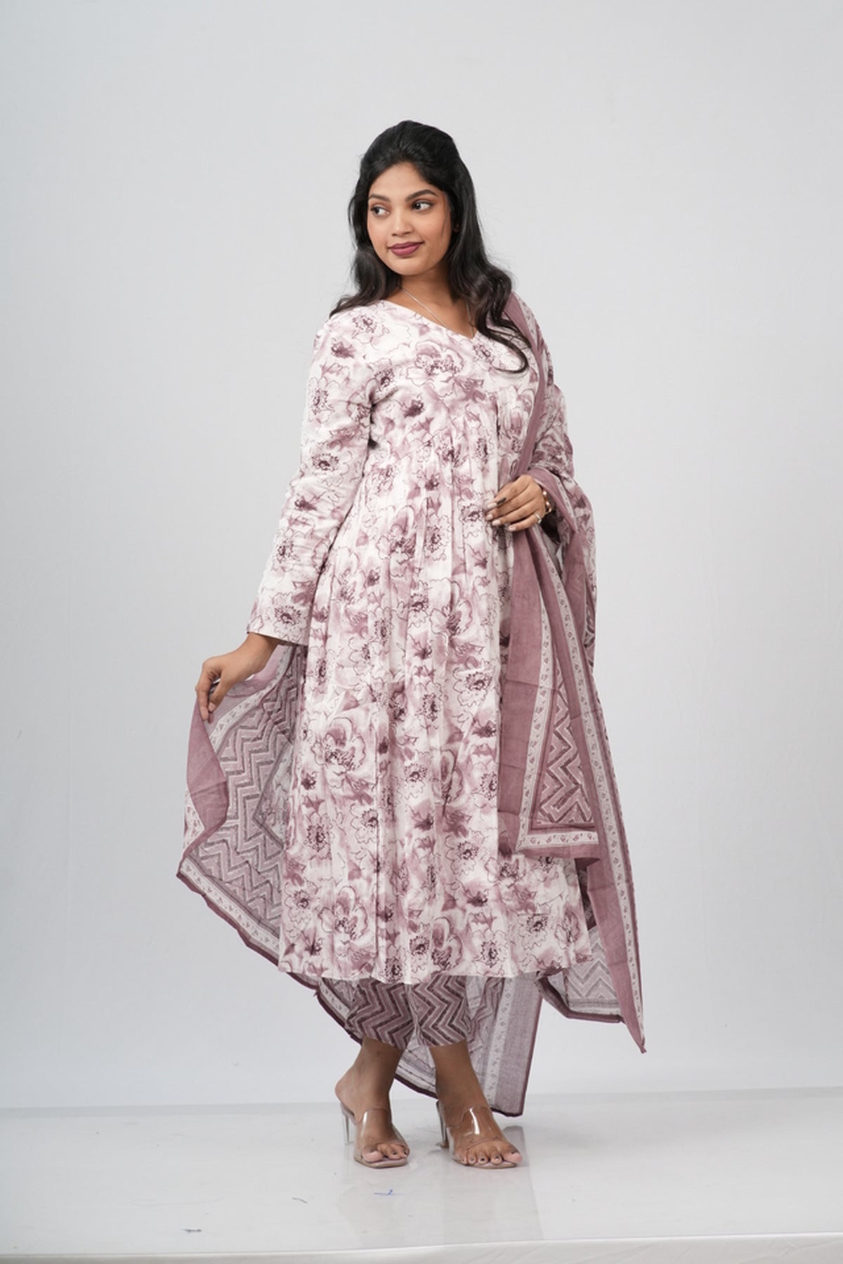 Mauve Floral Cotton Alia Cut Suit Set