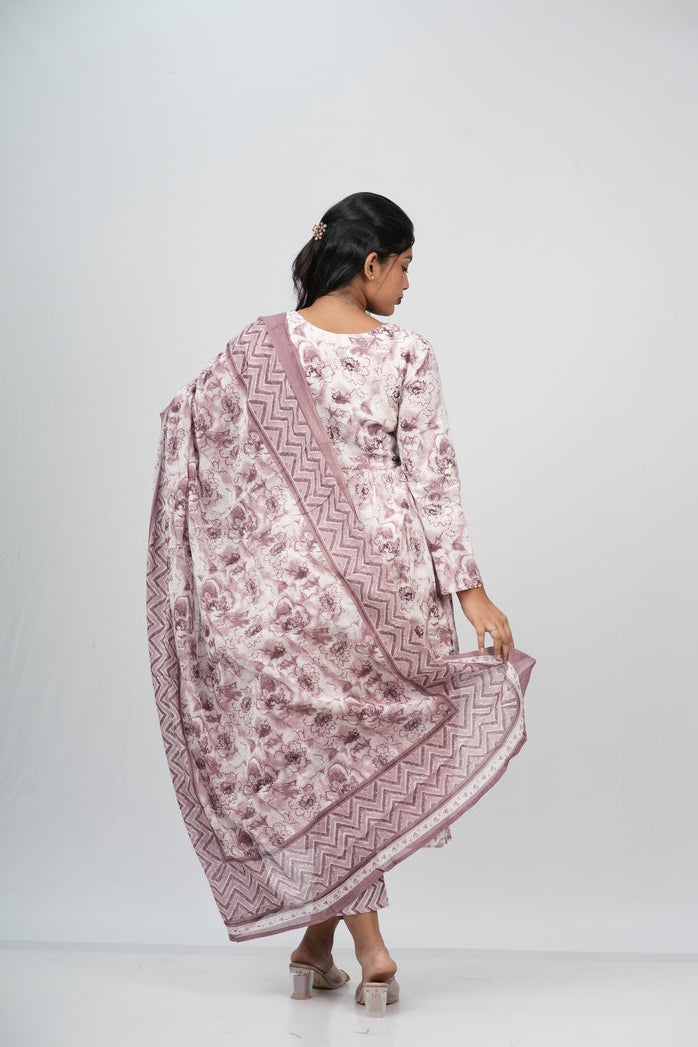 Mauve Floral Cotton Alia Cut Suit Set