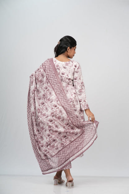 Mauve Floral Cotton Alia Cut Suit Set