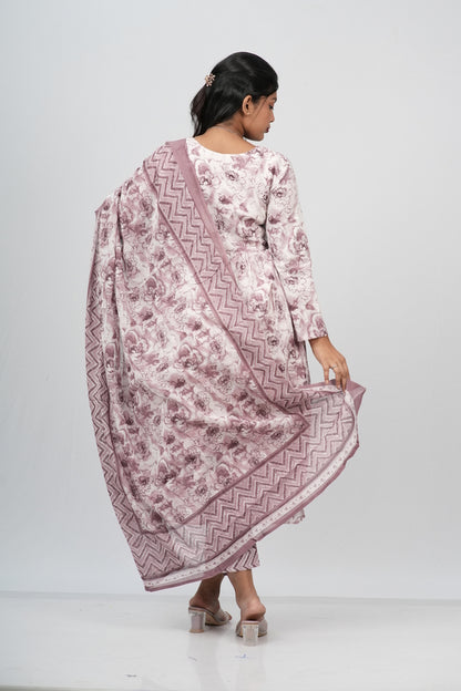Mauve Floral Cotton Alia Cut Suit Set