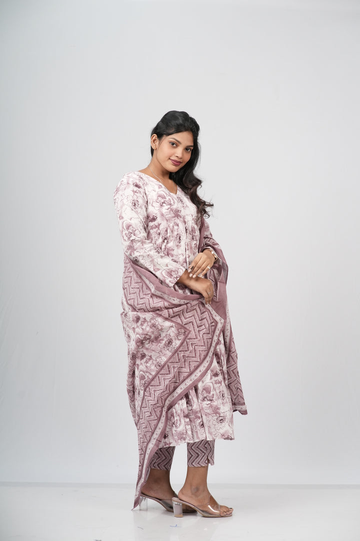Mauve Floral Cotton Alia Cut Suit Set