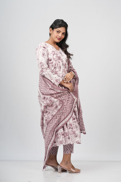 Mauve Floral Cotton Alia Cut Suit Set