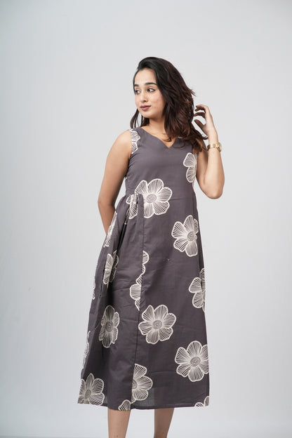 Charcoal Grey Floral Sketch Cotton Sleeveless A-Line Dress