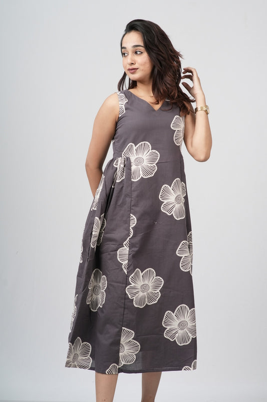 Charcoal Grey Floral Sketch Cotton Sleeveless A-Line Dress