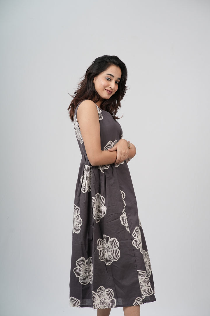 Charcoal Grey Floral Sketch Cotton Sleeveless A-Line Dress