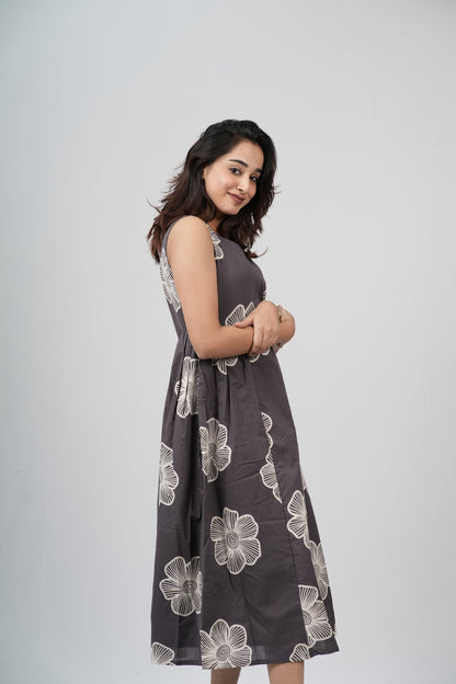 Charcoal Grey Floral Sketch Cotton Sleeveless A-Line Dress