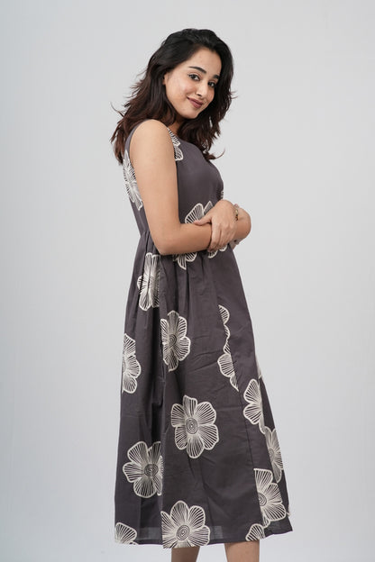 Charcoal Grey Floral Sketch Cotton Sleeveless A-Line Dress