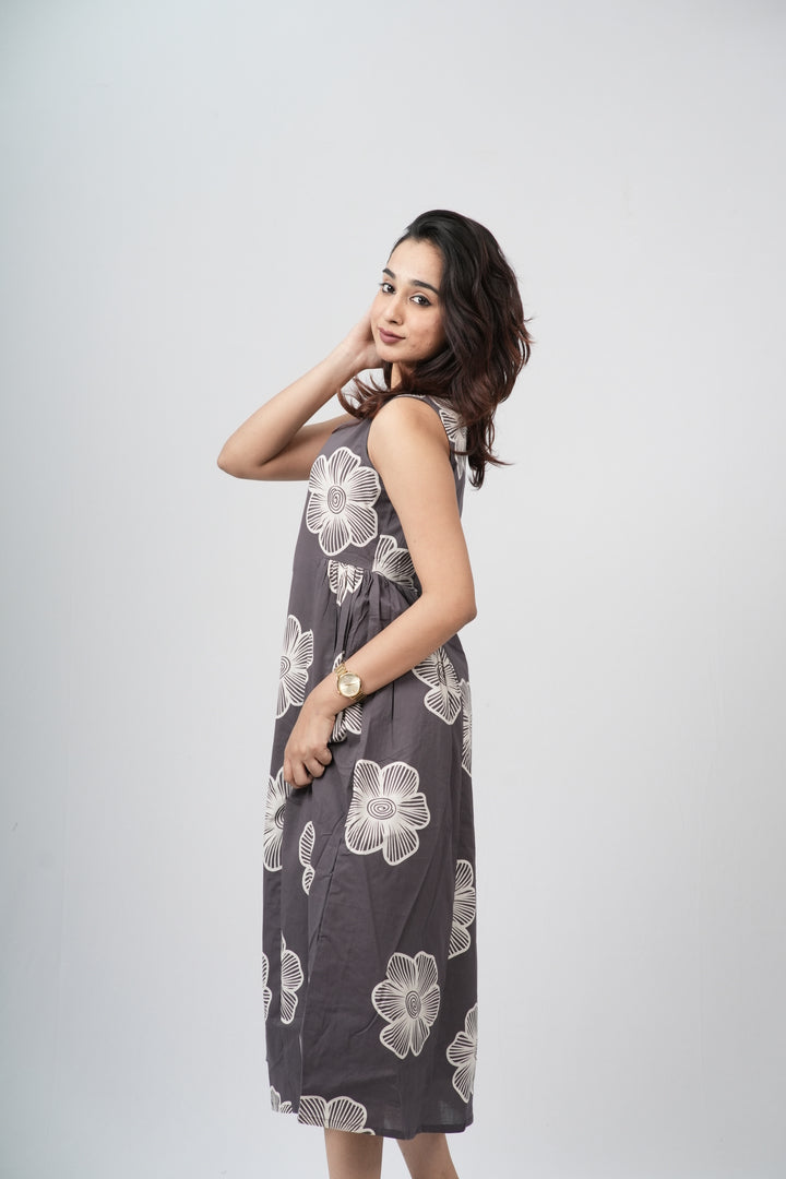 Charcoal Grey Floral Sketch Cotton Sleeveless A-Line Dress