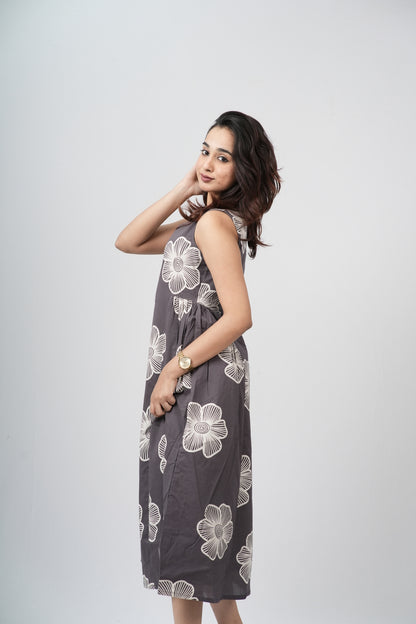 Charcoal Grey Floral Sketch Cotton Sleeveless A-Line Dress