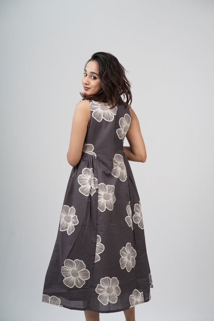 Charcoal Grey Floral Sketch Cotton Sleeveless A-Line Dress
