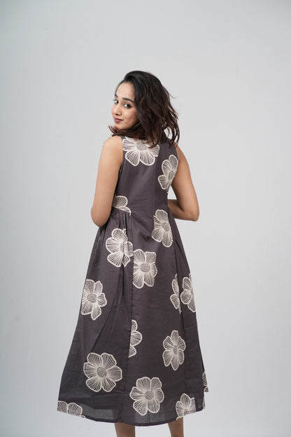 Charcoal Grey Floral Sketch Cotton Sleeveless A-Line Dress