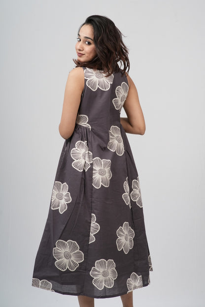 Charcoal Grey Floral Sketch Cotton Sleeveless A-Line Dress