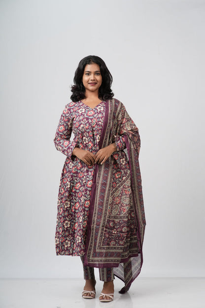 Wine Floral Cotton Alia Cut Suit Set