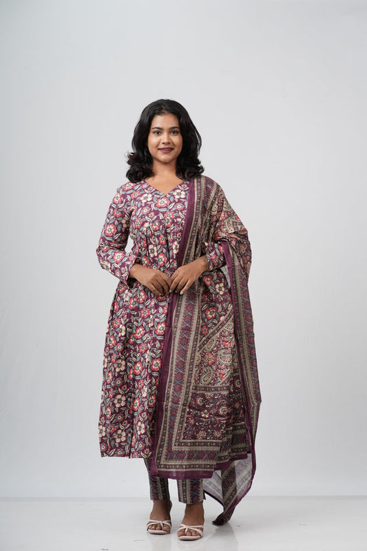 Wine Floral Cotton Alia Cut Suit Set