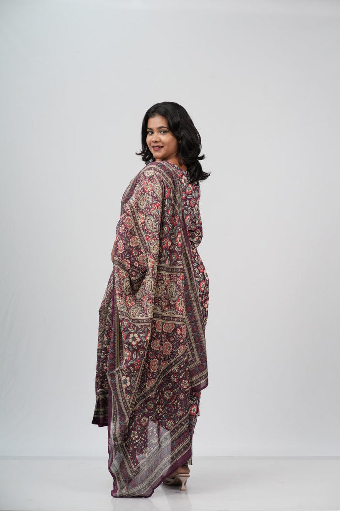 Wine Floral Cotton Alia Cut Suit Set