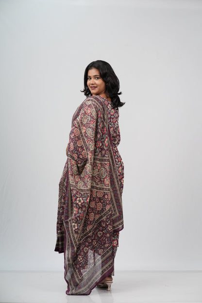 Wine Floral Cotton Alia Cut Suit Set