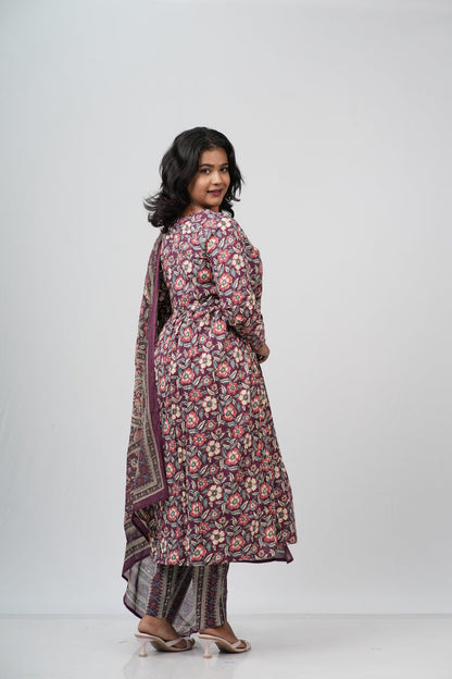 Wine Floral Cotton Alia Cut Suit Set