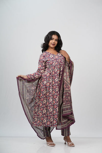 Wine Floral Cotton Alia Cut Suit Set