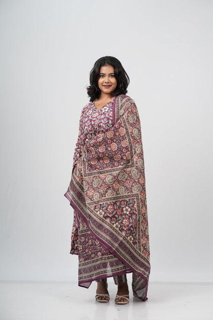 Wine Floral Cotton Alia Cut Suit Set