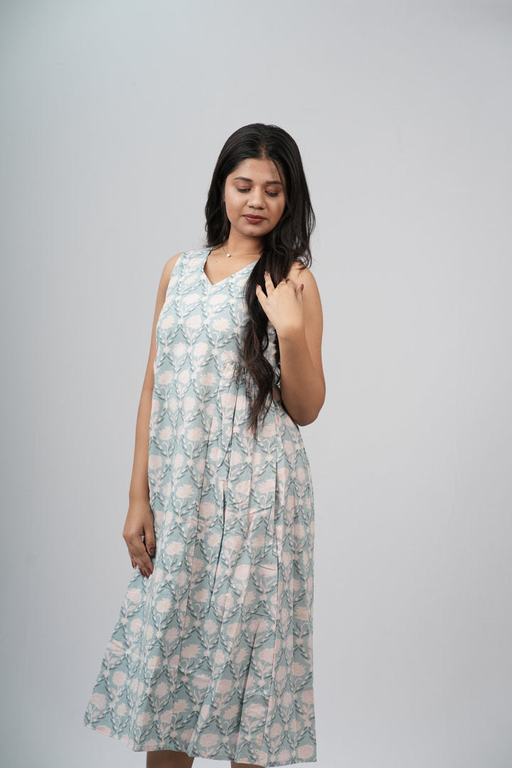 Pale Blue & Grey Damask Cotton Sleeveless A-Line Dress