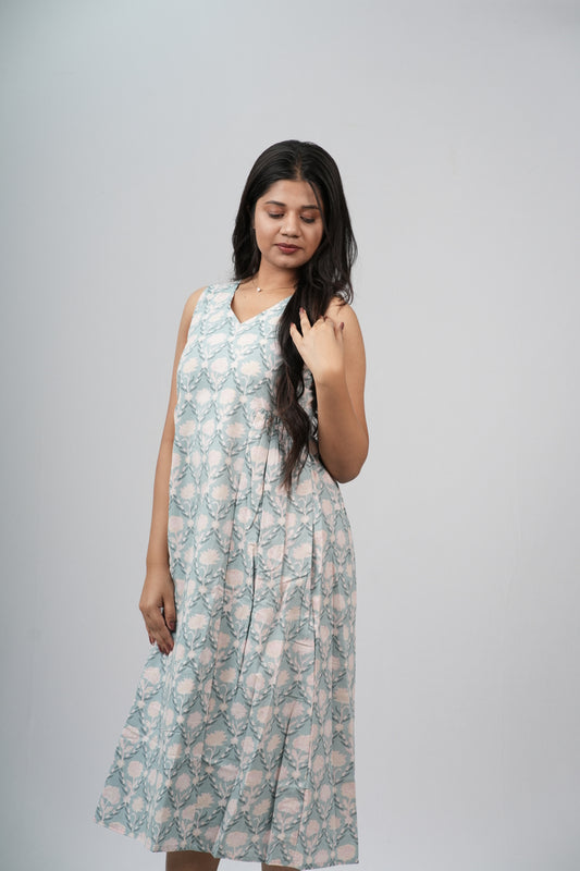 Pale Blue & Grey Damask Cotton Sleeveless A-Line Dress