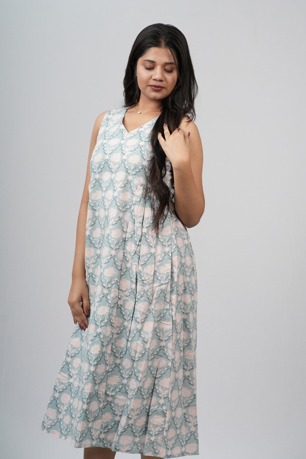 Pale Blue & Grey Damask Cotton Sleeveless A-Line Dress