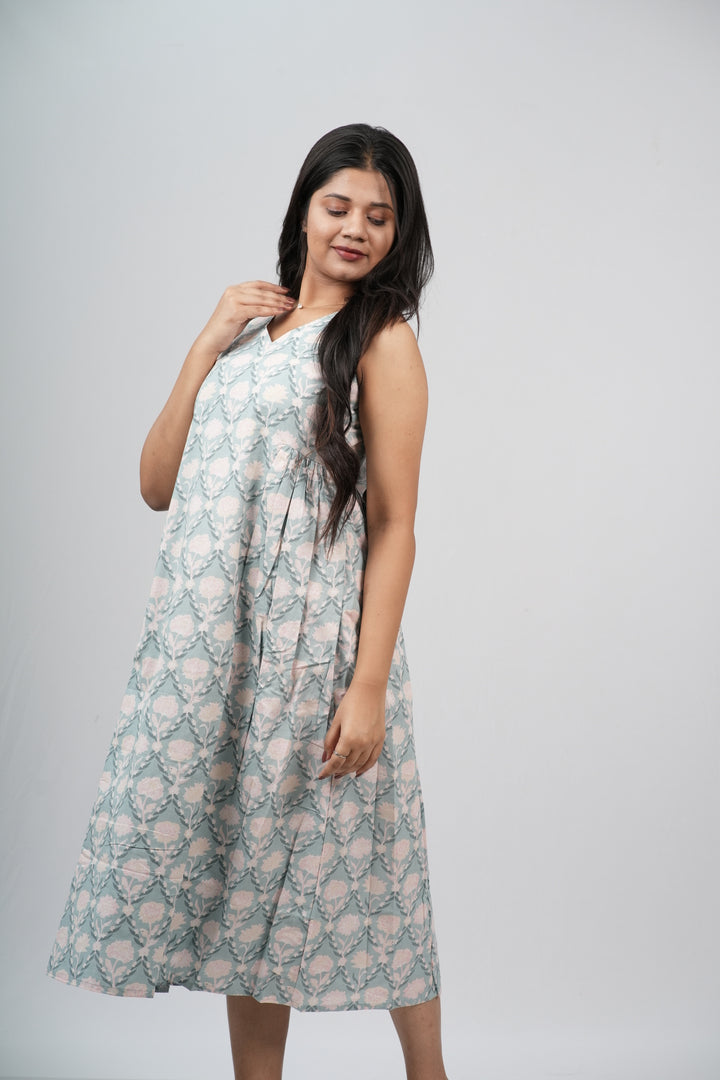 Pale Blue & Grey Damask Cotton Sleeveless A-Line Dress