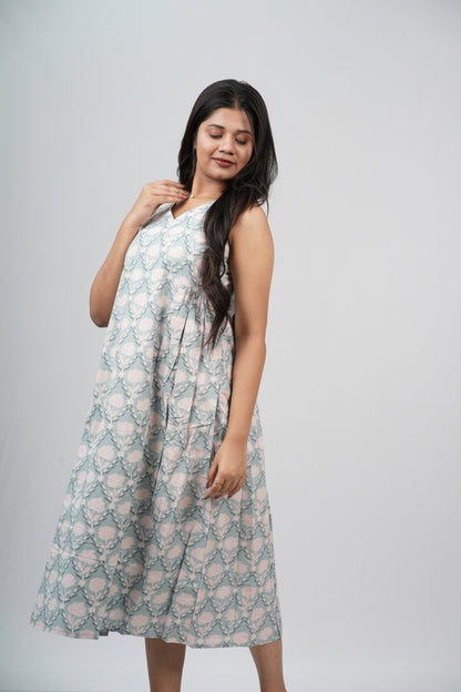 Pale Blue & Grey Damask Cotton Sleeveless A-Line Dress