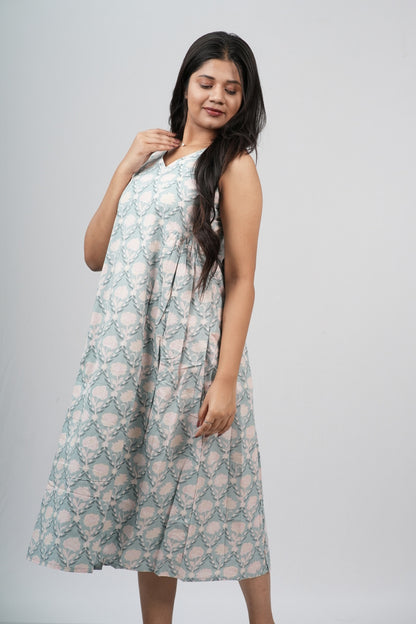 Pale Blue & Grey Damask Cotton Sleeveless A-Line Dress