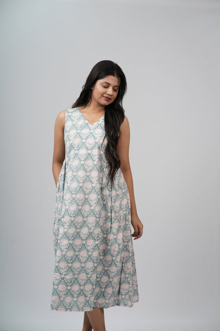 Pale Blue & Grey Damask Cotton Sleeveless A-Line Dress