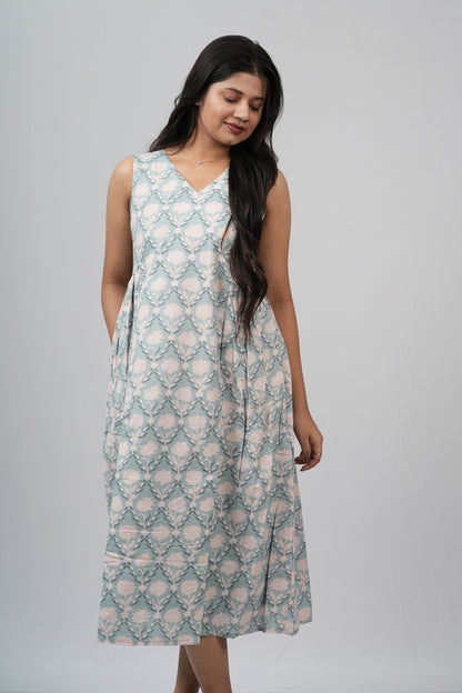 Pale Blue & Grey Damask Cotton Sleeveless A-Line Dress