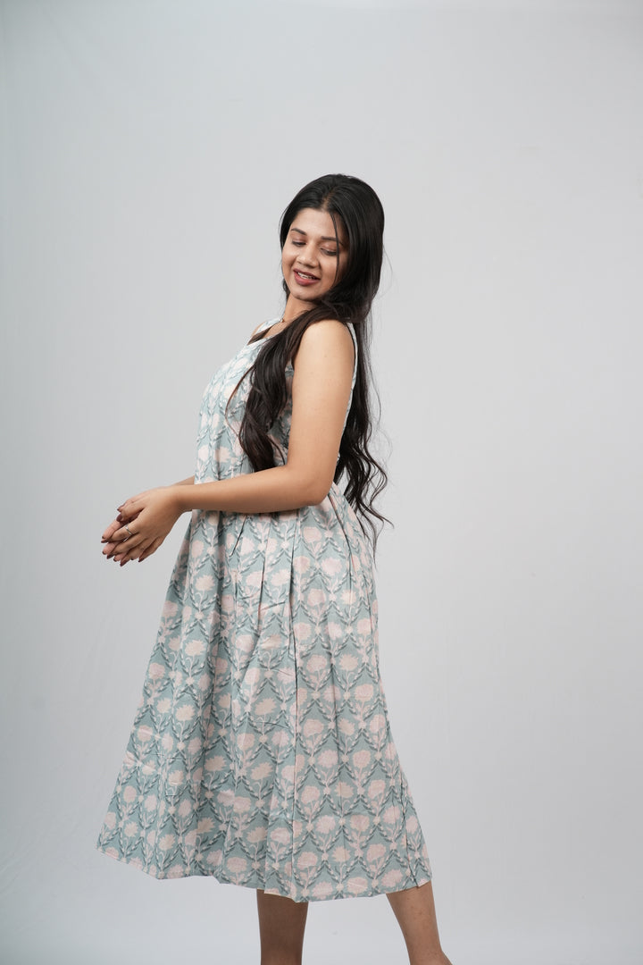 Pale Blue & Grey Damask Cotton Sleeveless A-Line Dress