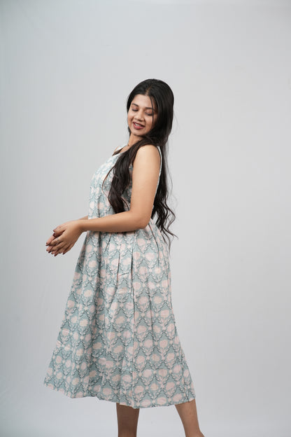 Pale Blue & Grey Damask Cotton Sleeveless A-Line Dress