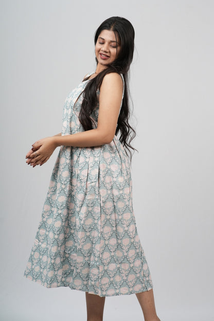 Pale Blue & Grey Damask Cotton Sleeveless A-Line Dress